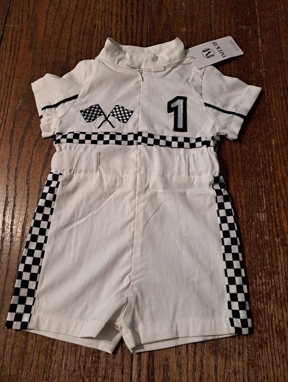 New 9-12 Month Imekis Black White Racing Outfit Romper Checkered Flag